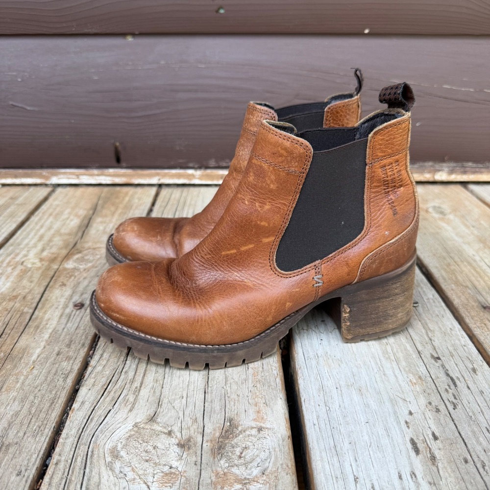 Bull Boxer Cory Brown Leather Ankle Boots Womens 7M Chunky Chelsea Motorcycle